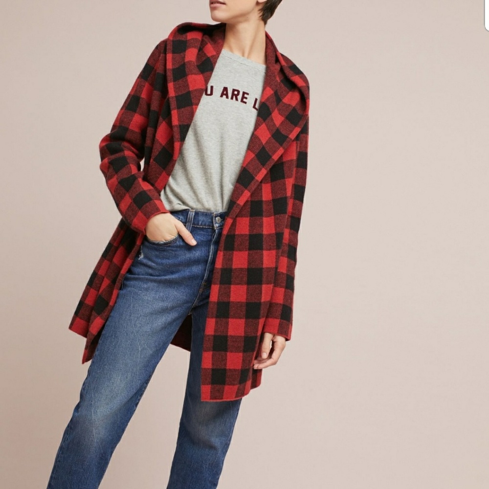 Buffalo Plaid Sweater Coat Size Large Field Flower